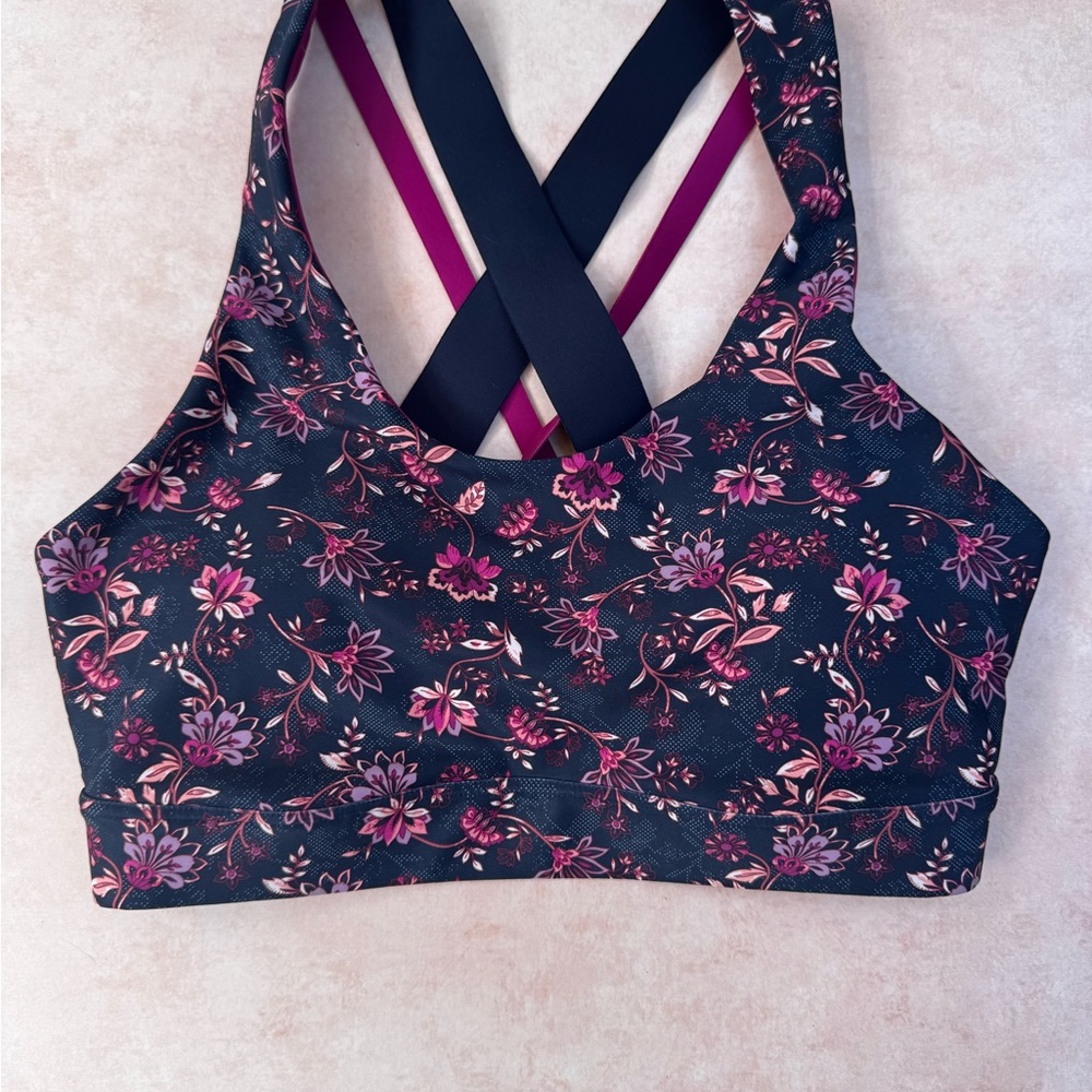 Floral Print Sports Bra - Pink and Navy Size Small